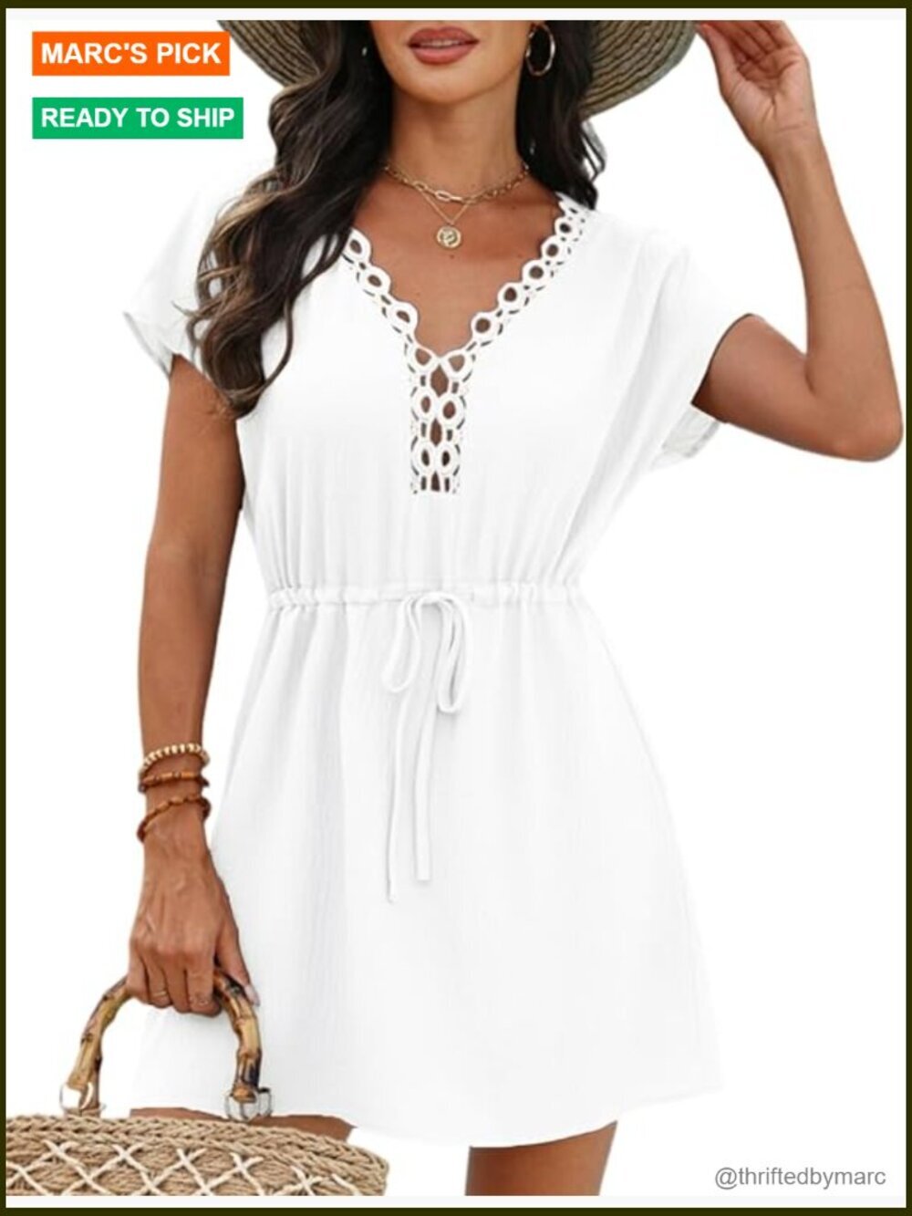 Lace Crochet V Neck Cover Up Beach Dress Swimsuit Coverup Short Sleeve